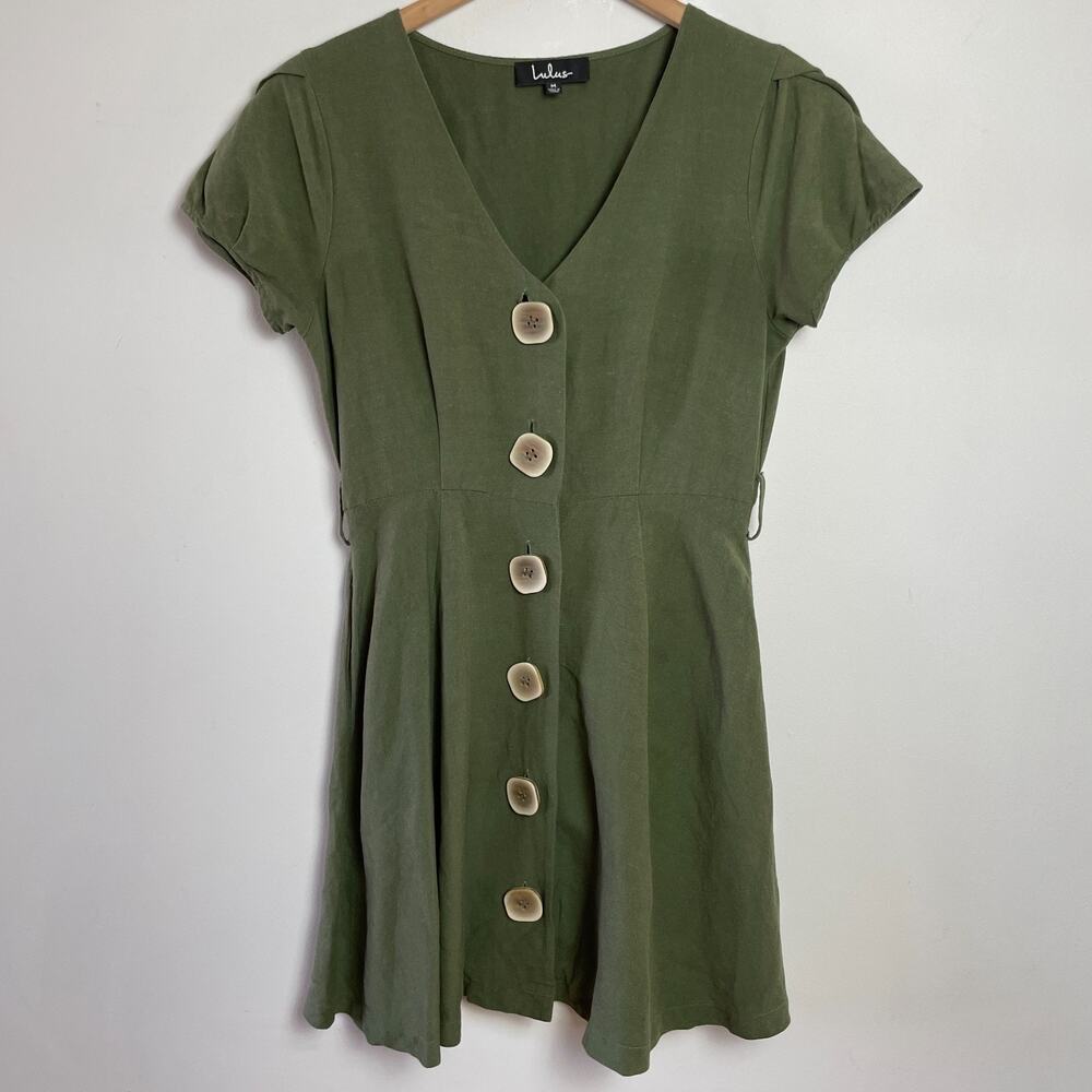 Button Front V-Neck Dress Medium Green Minimalist Earthy Cottage Woodland Forest